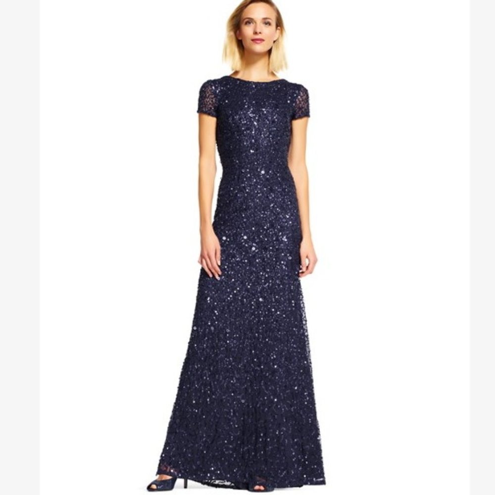 Adrianna Pappell Scoop Back Sequin Gown Navy sz 8P